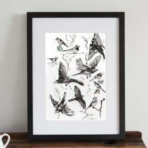 Pied Wagtail Print A4/A3, bird illustration, nature Print, wall art, water colour Art, Tattoo Print ,pattern, magpie poster, Home Decor